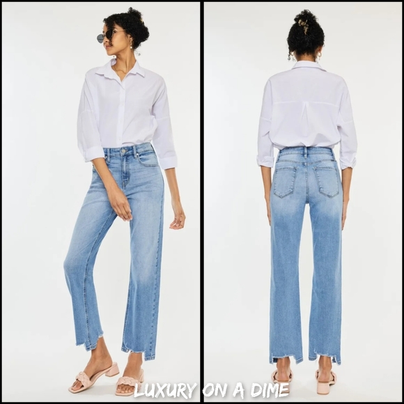 KanCan High-Rise Waist Distressed Raw Hem Wide Straight Leg Mom Denim Jean Pants - Picture 9 of 14